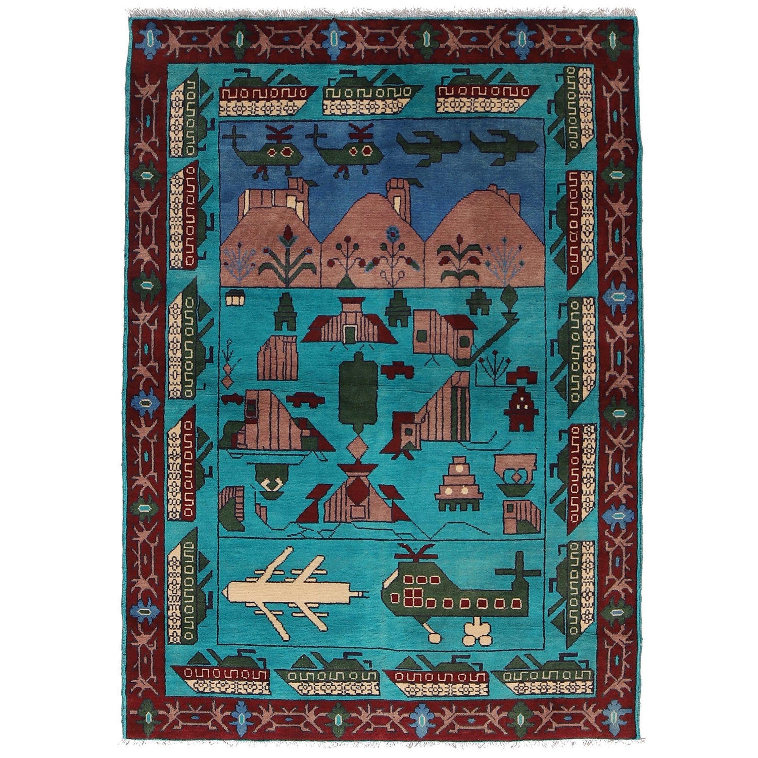 War Area Rug Handmade Blue Helicopter + Tank 4x6 ft