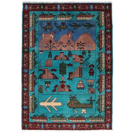 War Area Rug Handmade Blue Helicopter + Tank 4x6 ft