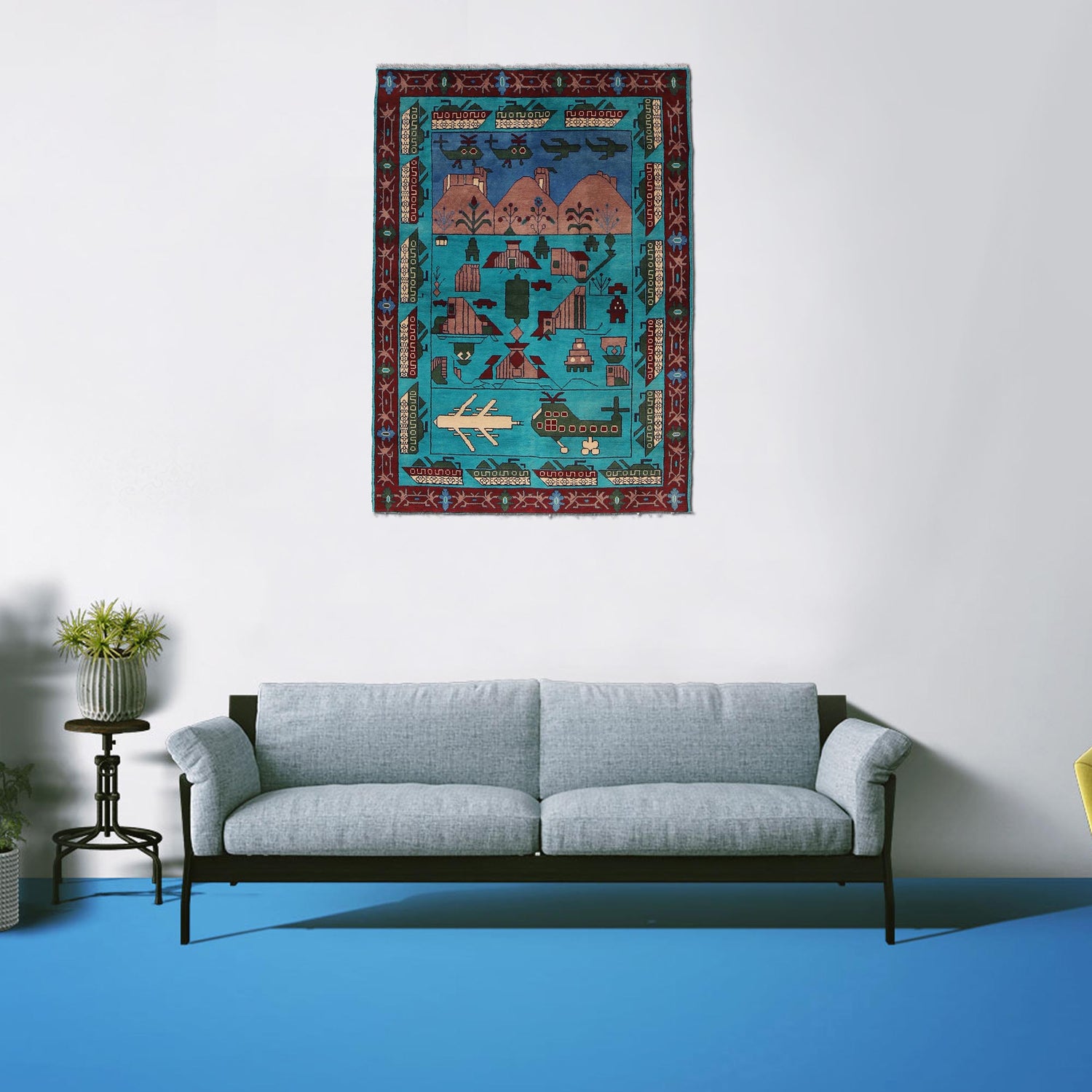 War Area Rug Handmade Blue Helicopter + Tank 4x6 ft