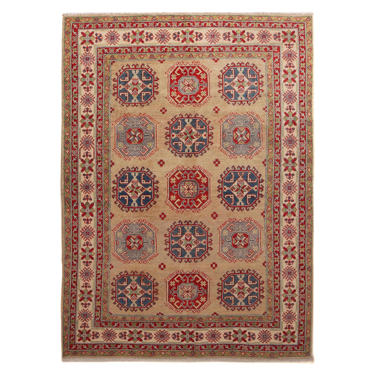 Kazak Rug Handmade Beige Medallion 7x10 ft