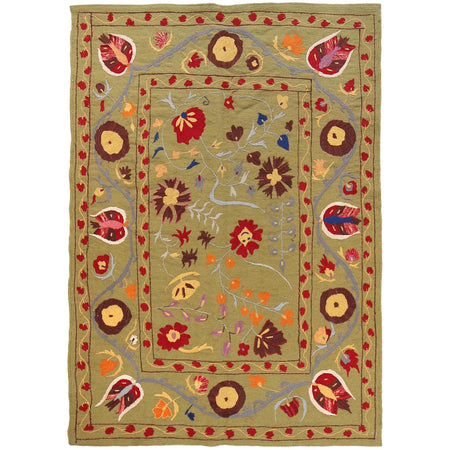 Embroidery Kilim Area Rug Handmade Green Animal 4x7 ft