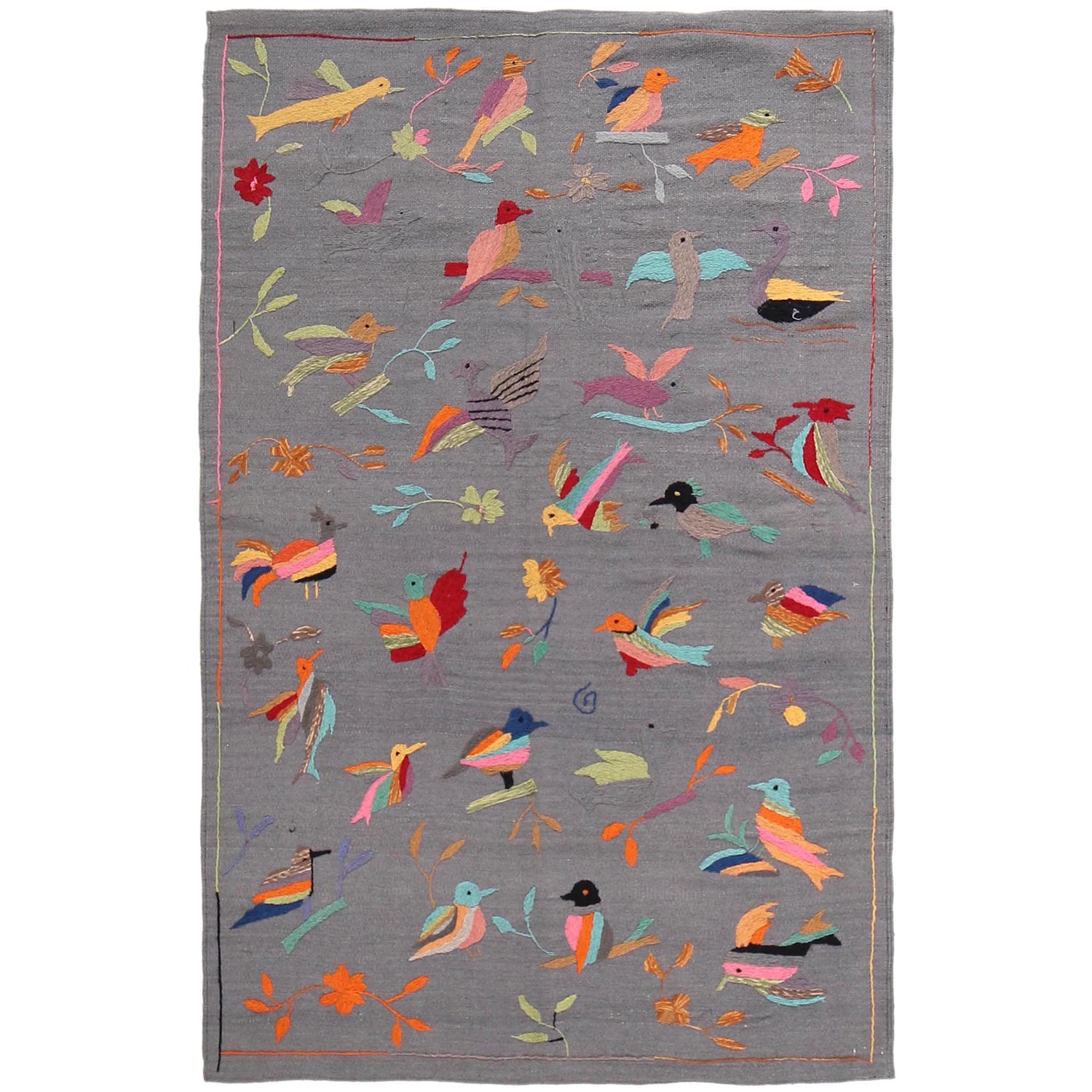 Embroidery Kilim Area Rug Handmade Gray Animal 4x6 ft
