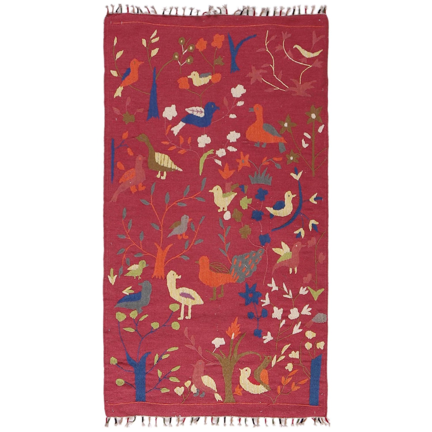 Embroidery Kilim Area Rug Handmade Red Animal 3x5 ft