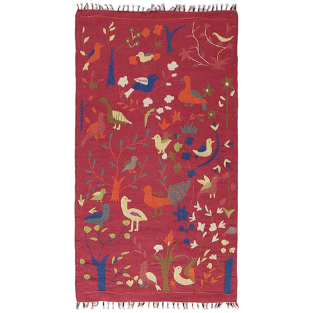 Embroidery Kilim Area Rug Handmade Red Animal 3x5 ft