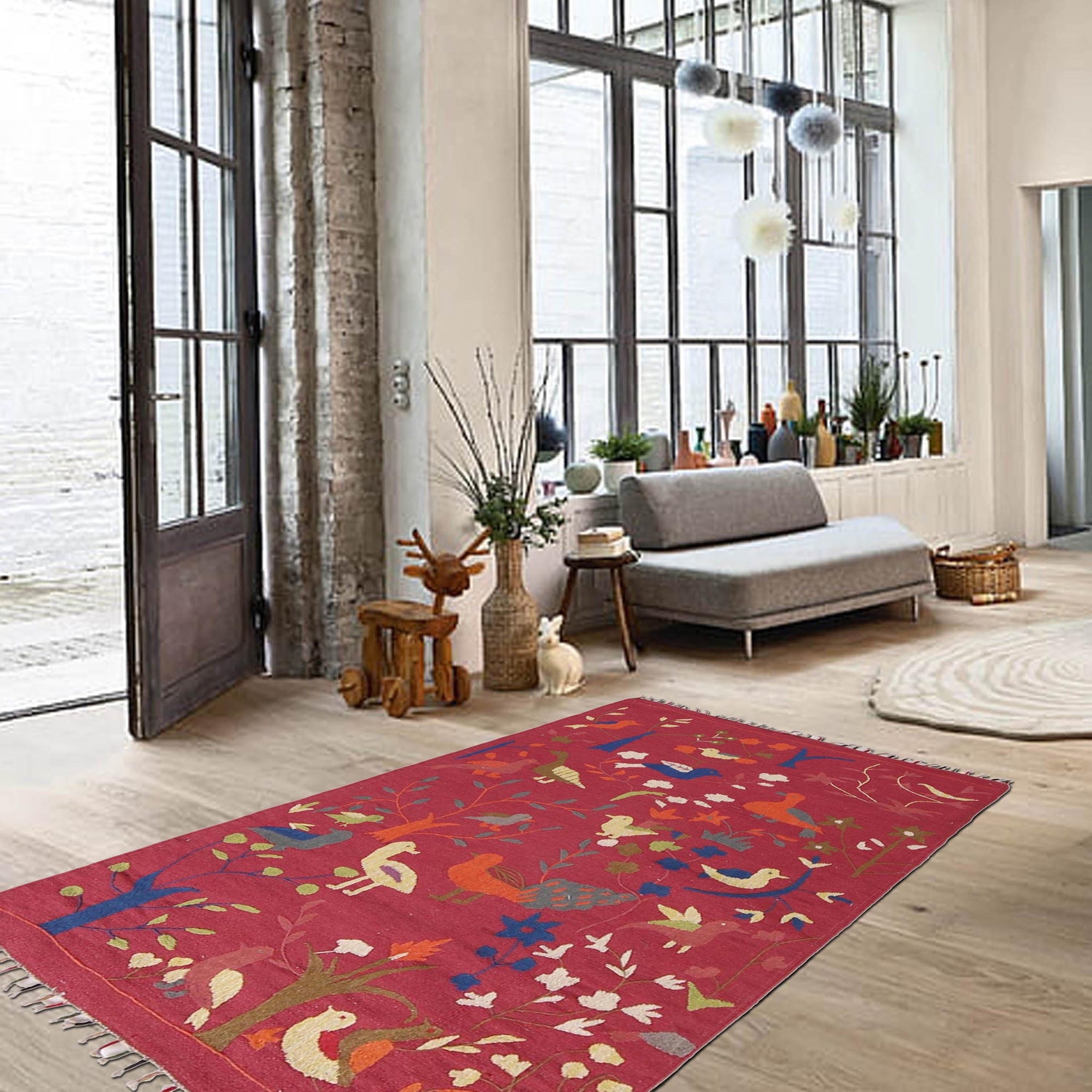 Embroidery Kilim Area Rug Handmade Red Animal 3x5 ft