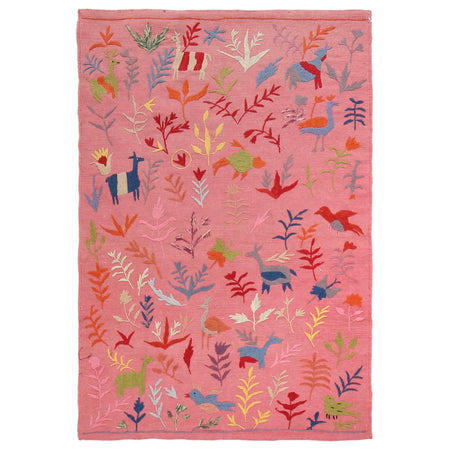 Embroidery Kilim Area Rug Handmade Pink Animal 4x6 ft