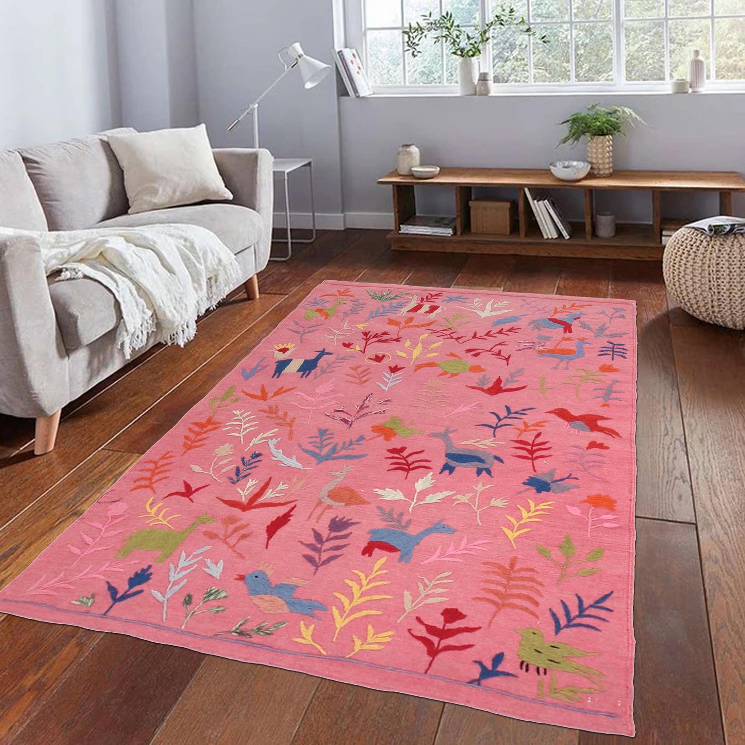 Embroidery Kilim Area Rug Handmade Pink Animal 4x6 ft