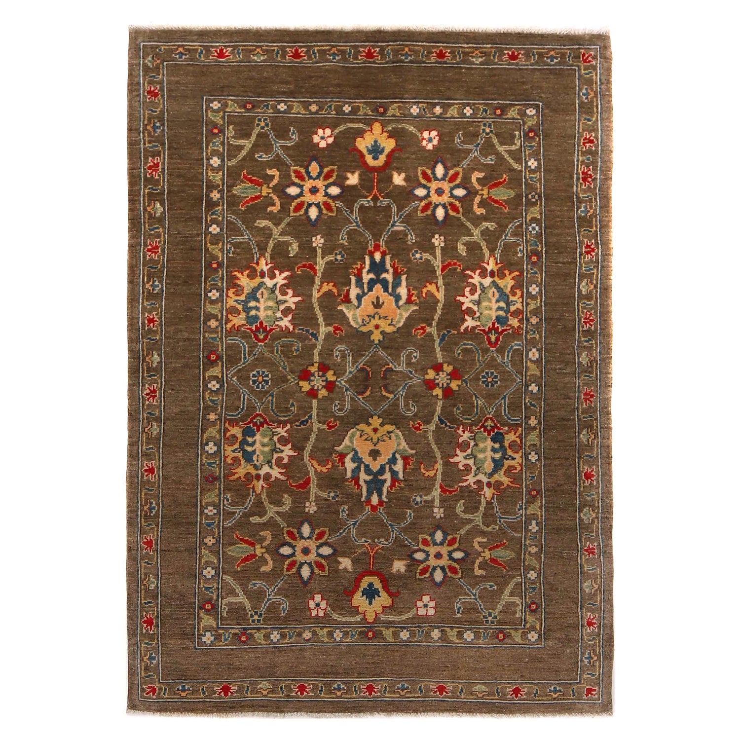 Sultani Area Rug Handmade Brown Floral 4x6 ft