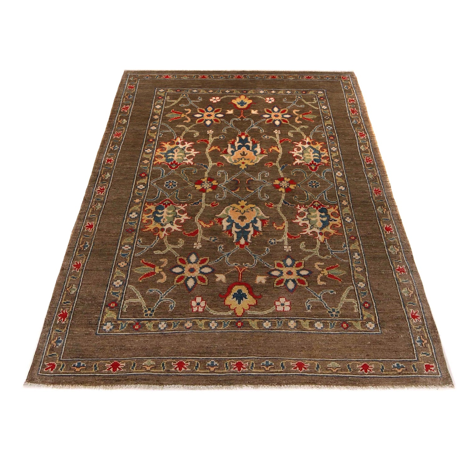 Sultani Area Rug Handmade Brown Floral 4x6 ft