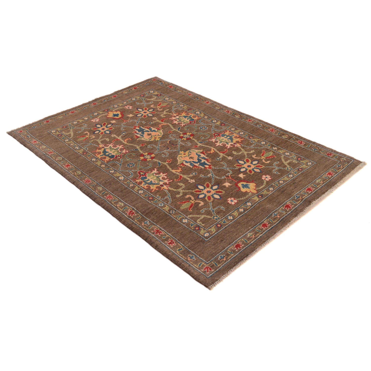 Sultani Area Rug Handmade Brown Floral 4x6 ft
