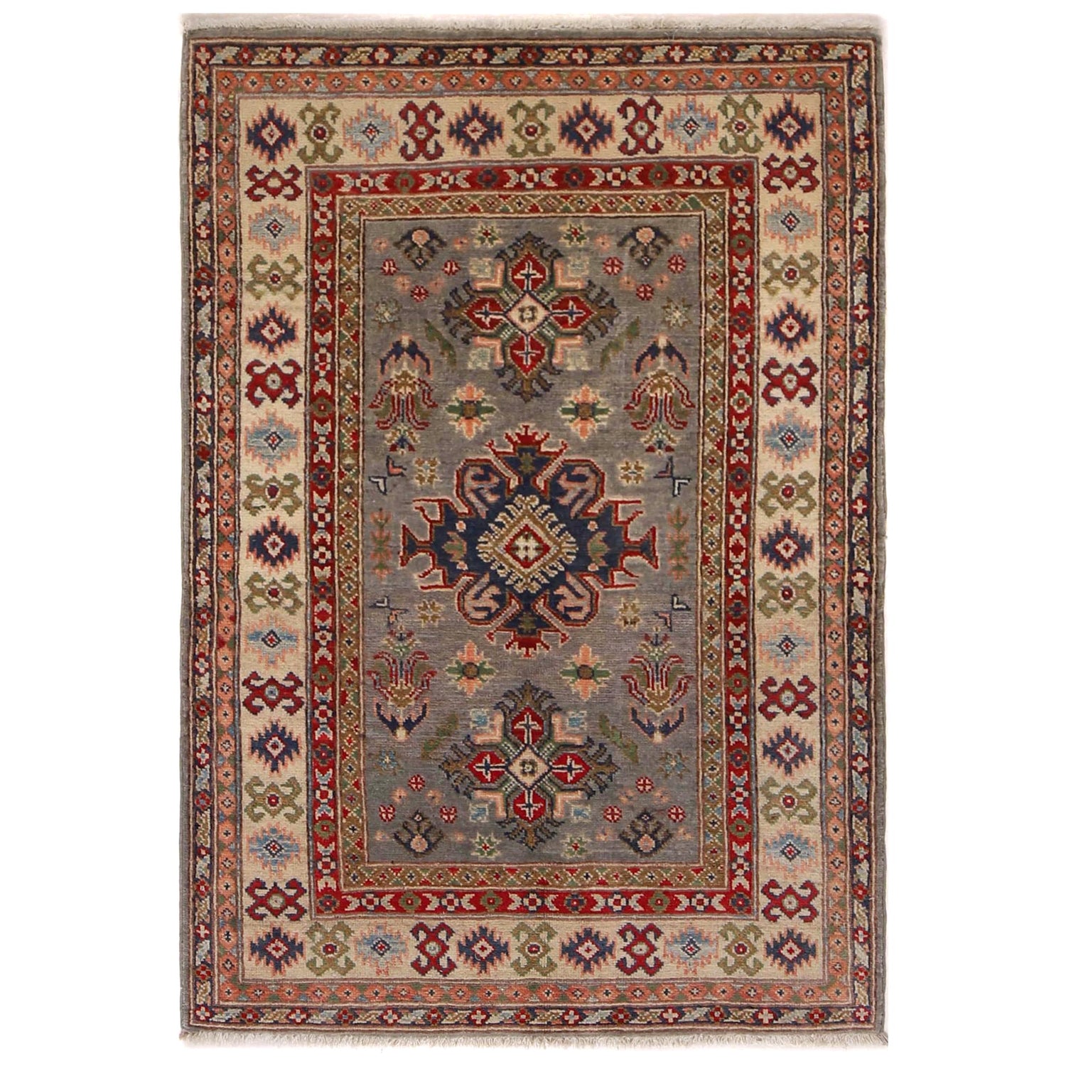 Kazak Rug Handmade Gray Medallion 3x5 ft