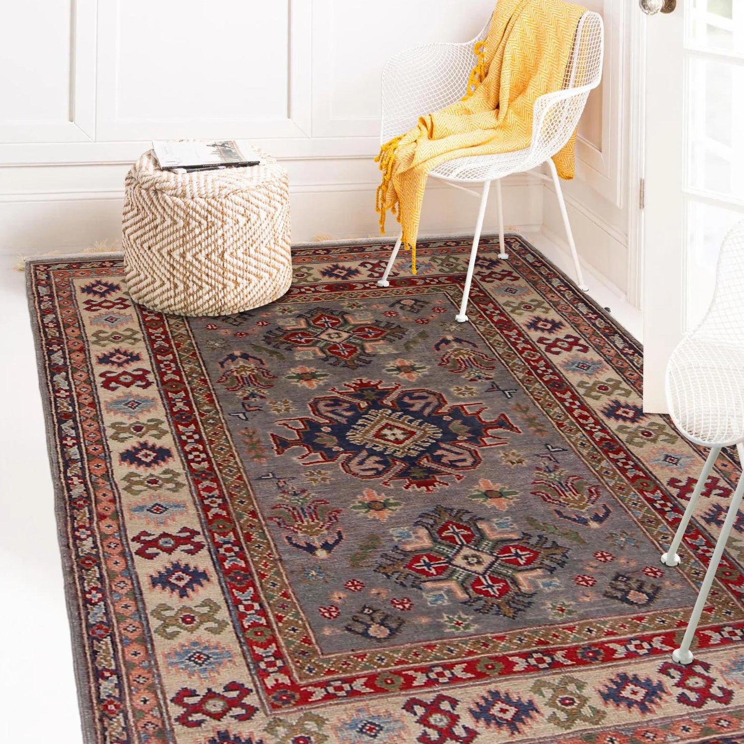 Kazak Rug Handmade Gray Medallion 3x5 ft