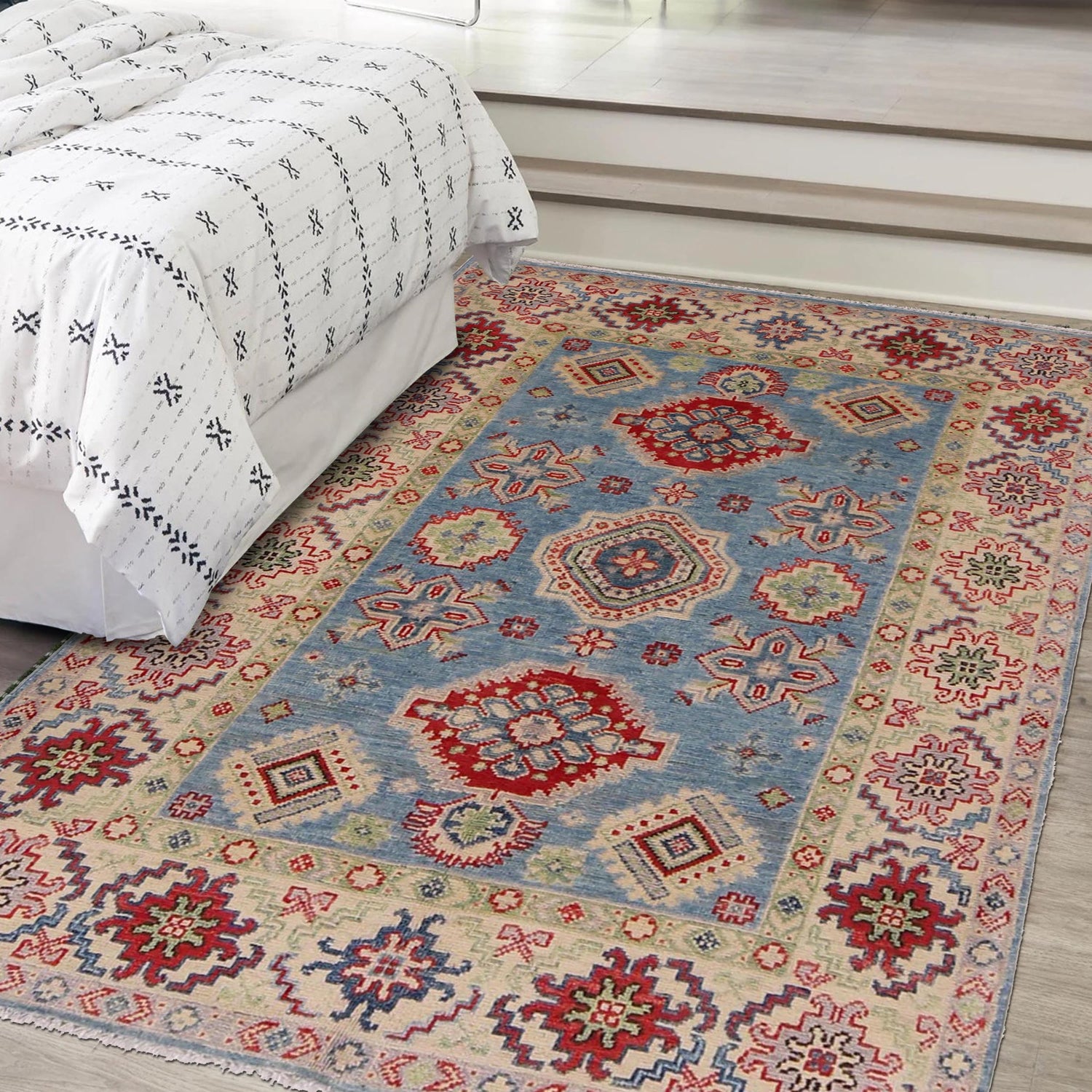 Kazak Rug Handmade Blue Medallion 3x5 ft