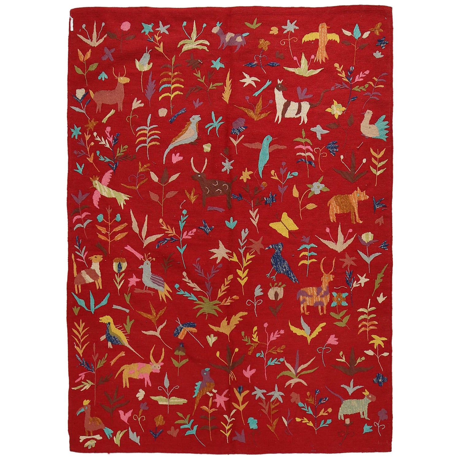Embroidery Kilim Area Rug Handmade Red Animal 4x7 ft