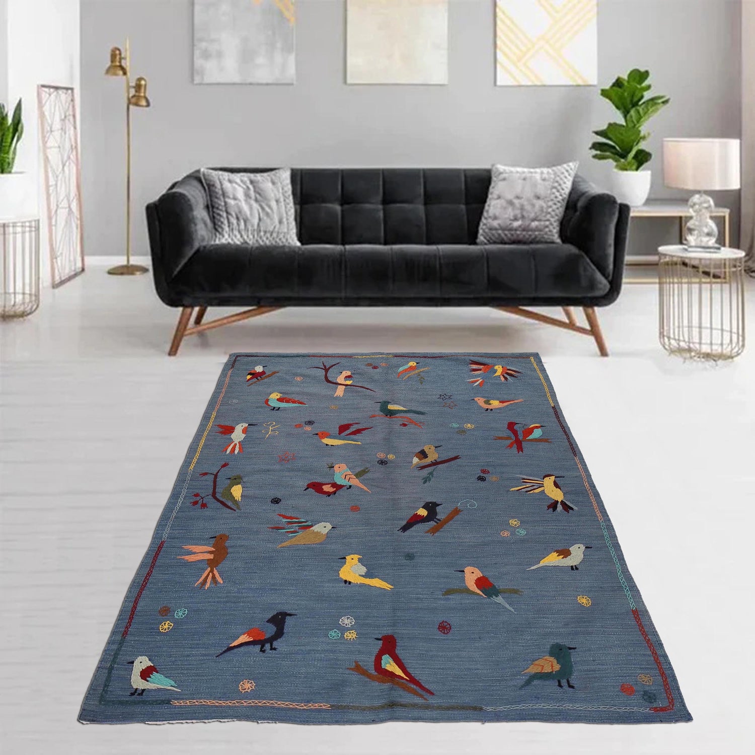Embroidery Kilim Area Rug Handmade Blue Animal 4x7 ft