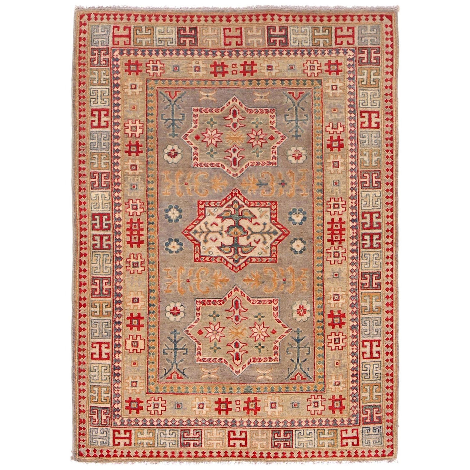 Kazak Rug Handmade Gray Medallion 4x6 ft