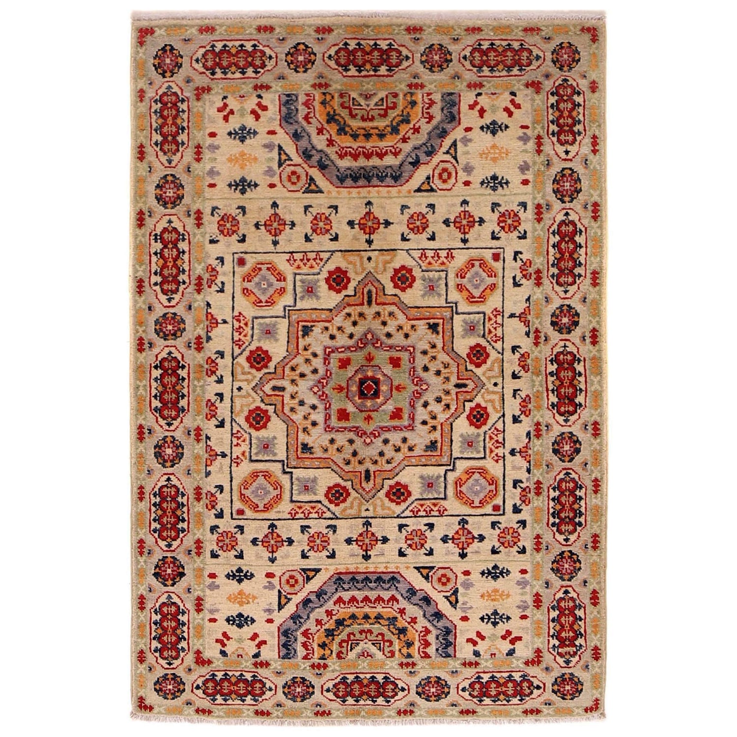 Kazak Rug Handmade Beige Medallion 3x5 ft