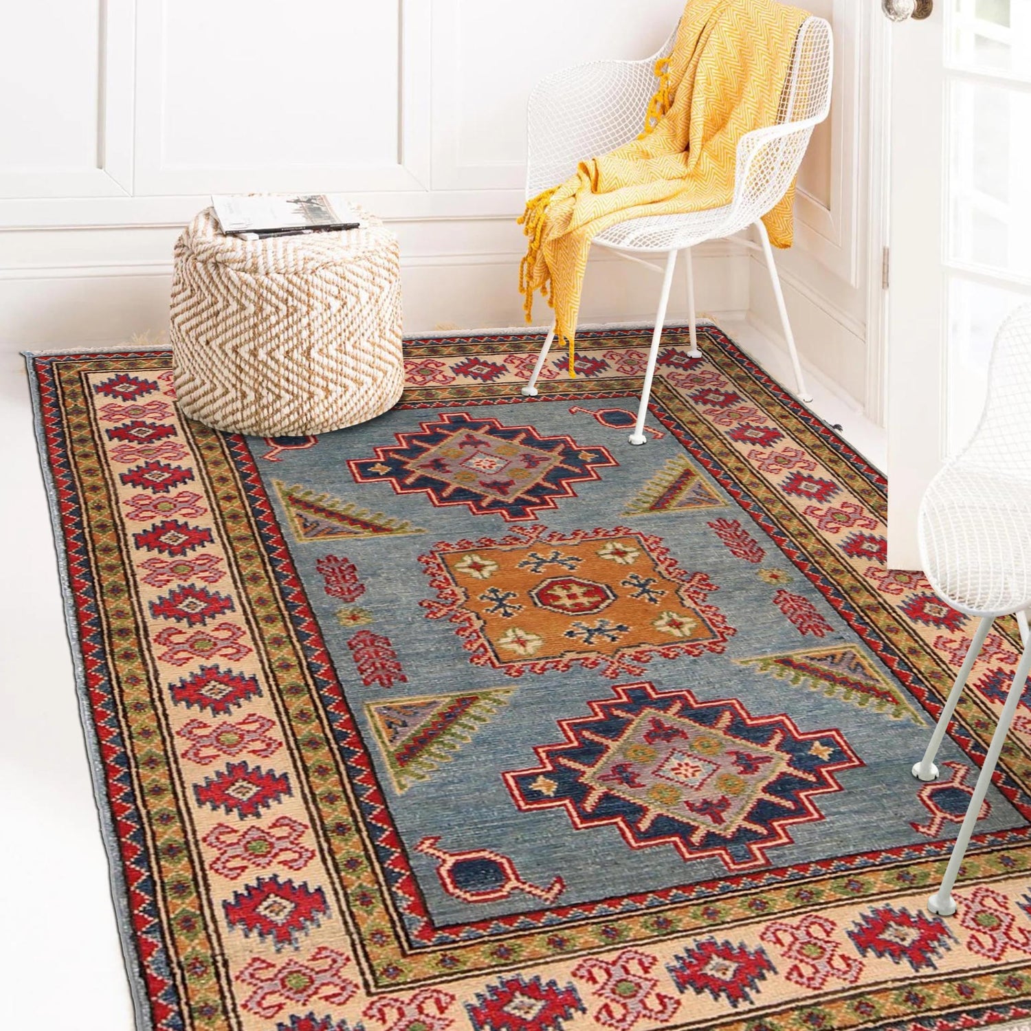Kazak Rug Handmade Blue Medallion 3x5 ft