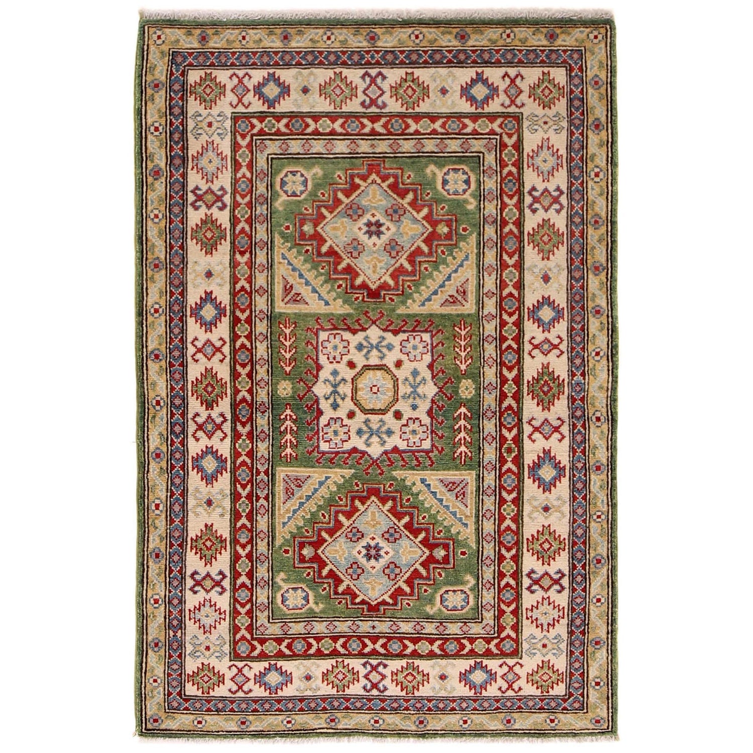 Kazak Rug Handmade Green Medallion 3x5 ft