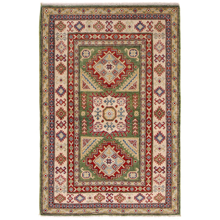 Kazak Rug Handmade Green Medallion 3x5 ft