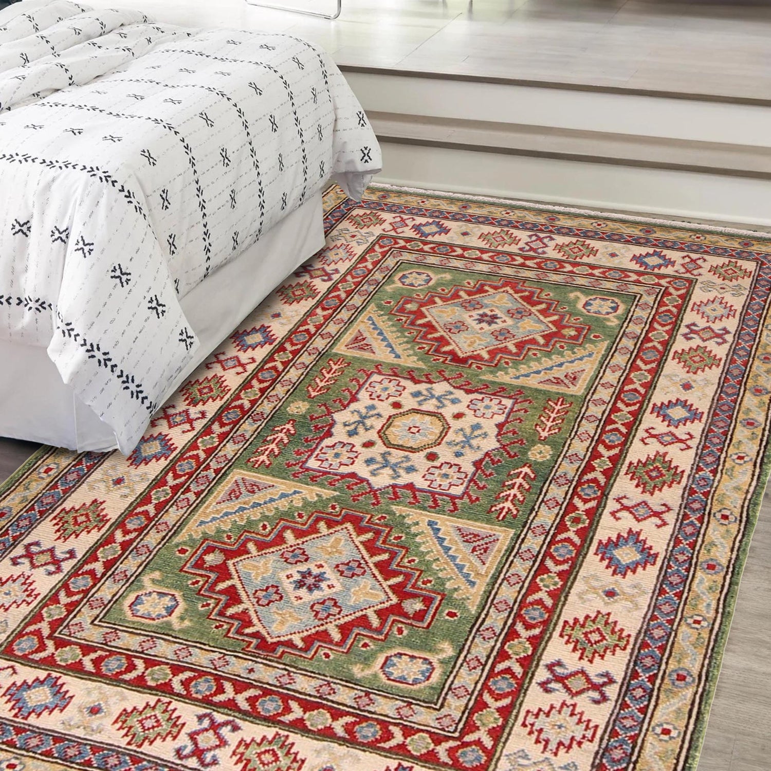 Kazak Rug Handmade Green Medallion 3x5 ft