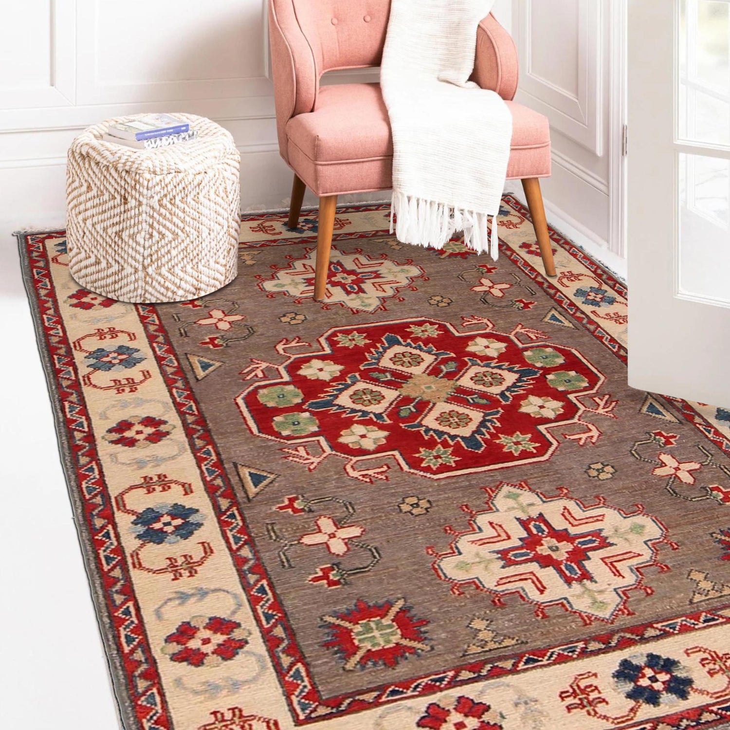 Kazak Rug Handmade Brown Medallion 3x5 ft
