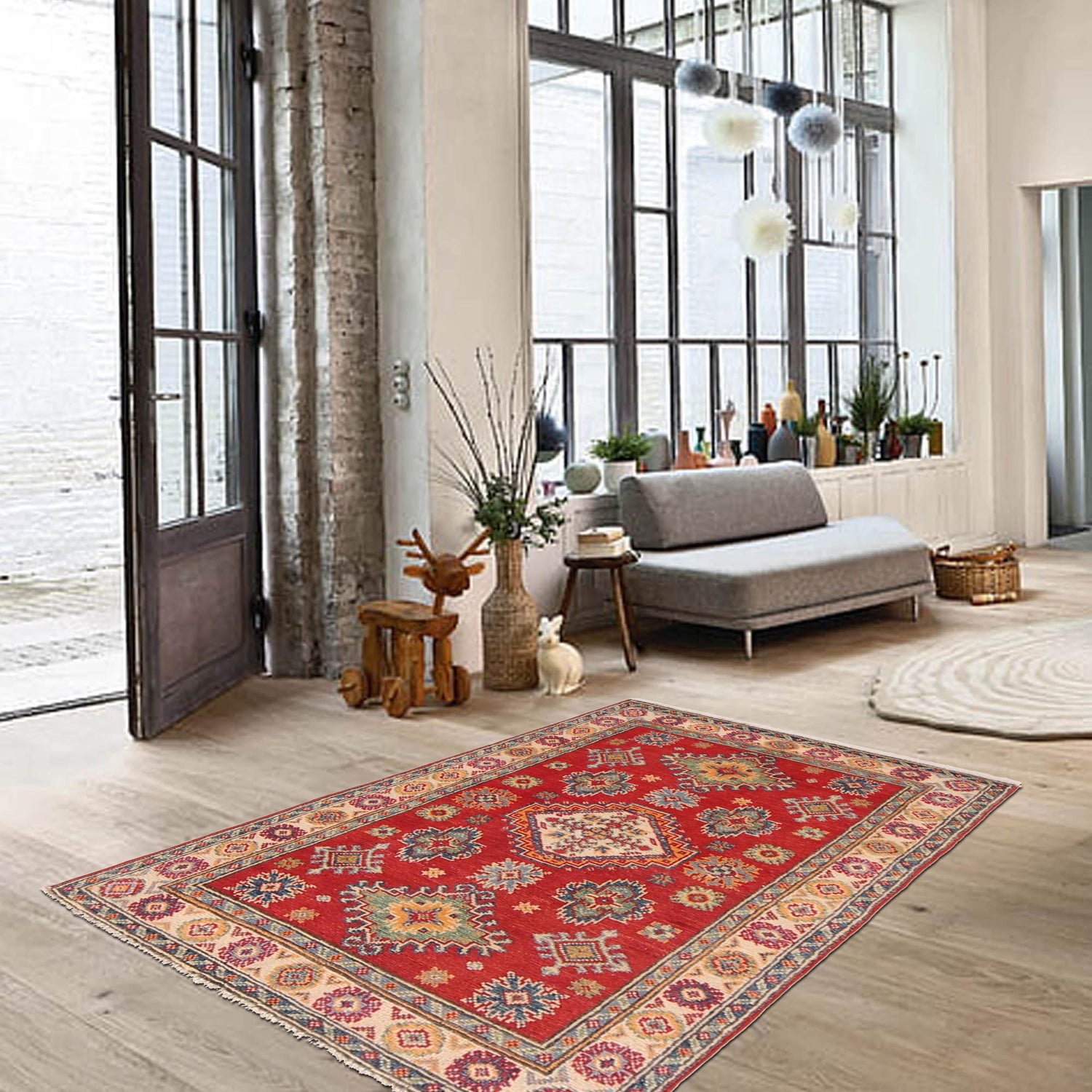 Kazak Rug Handmade Red Medallion 2x4 ft
