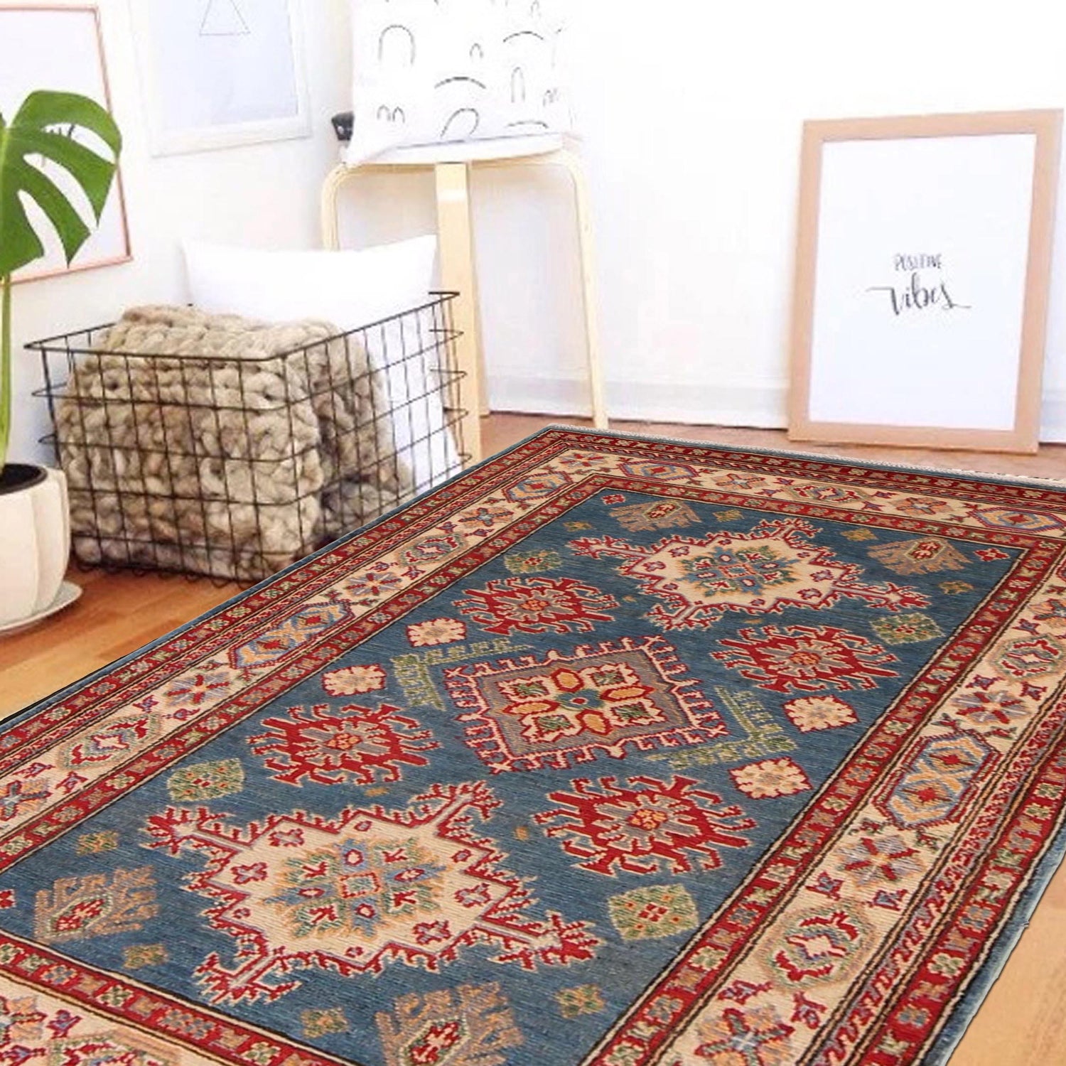 Kazak Rug Handmade Blue Medallion 3x5 ft