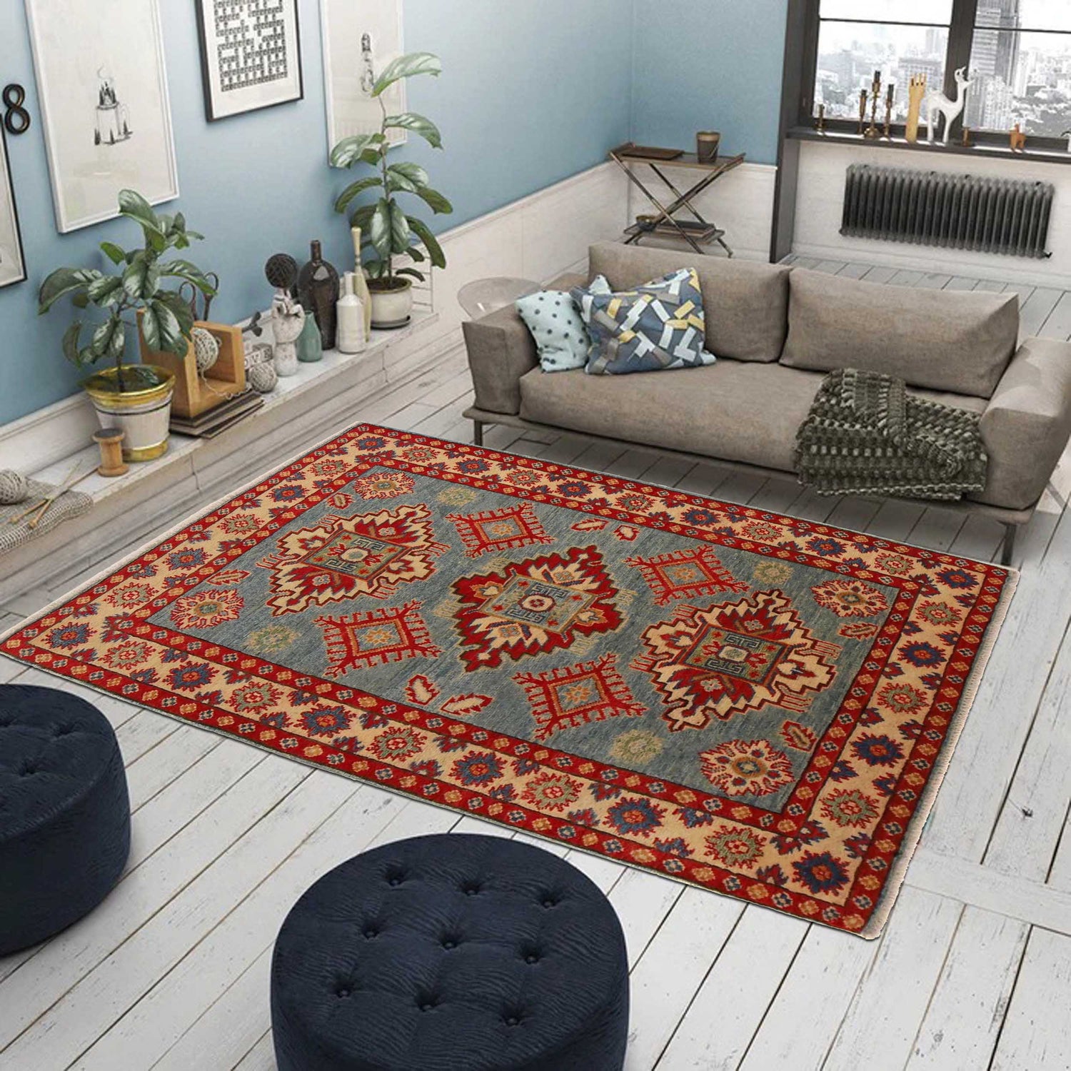 Kazak Rug Handmade Blue Medallion 3x5 ft