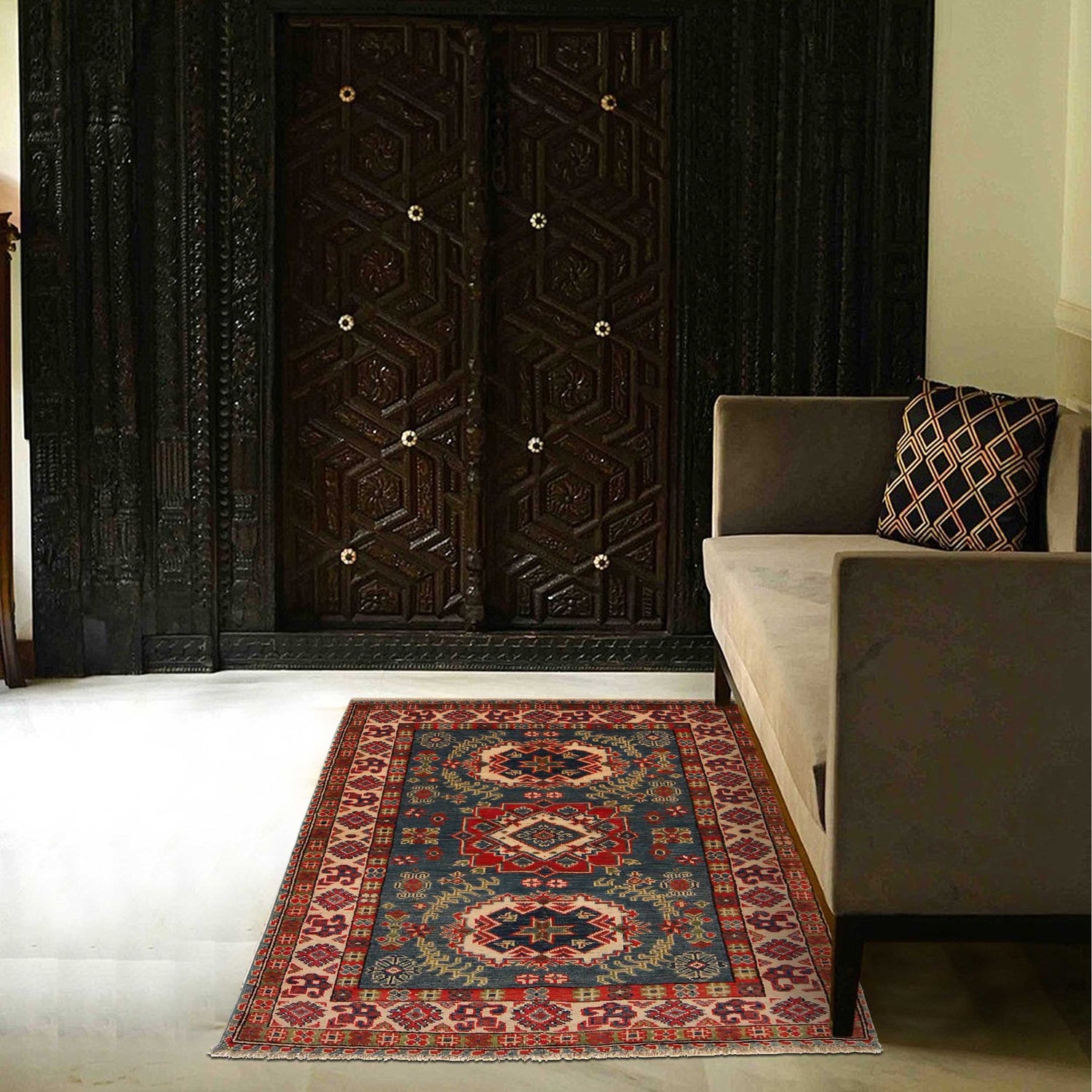 Kazak Rug Handmade Blue Medallion 3x5 ft