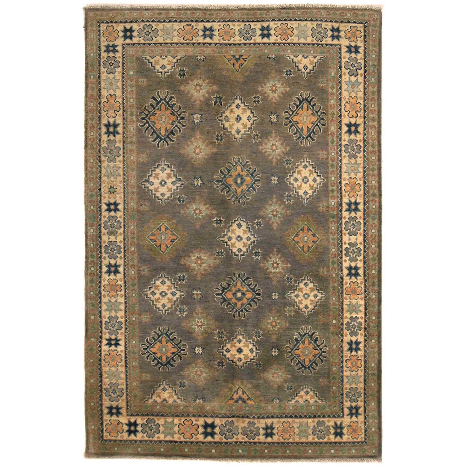 Kazak Rug Handmade Gray Medallion 4x6 ft