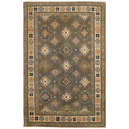 Kazak Rug Handmade Gray Medallion 4x6 ft