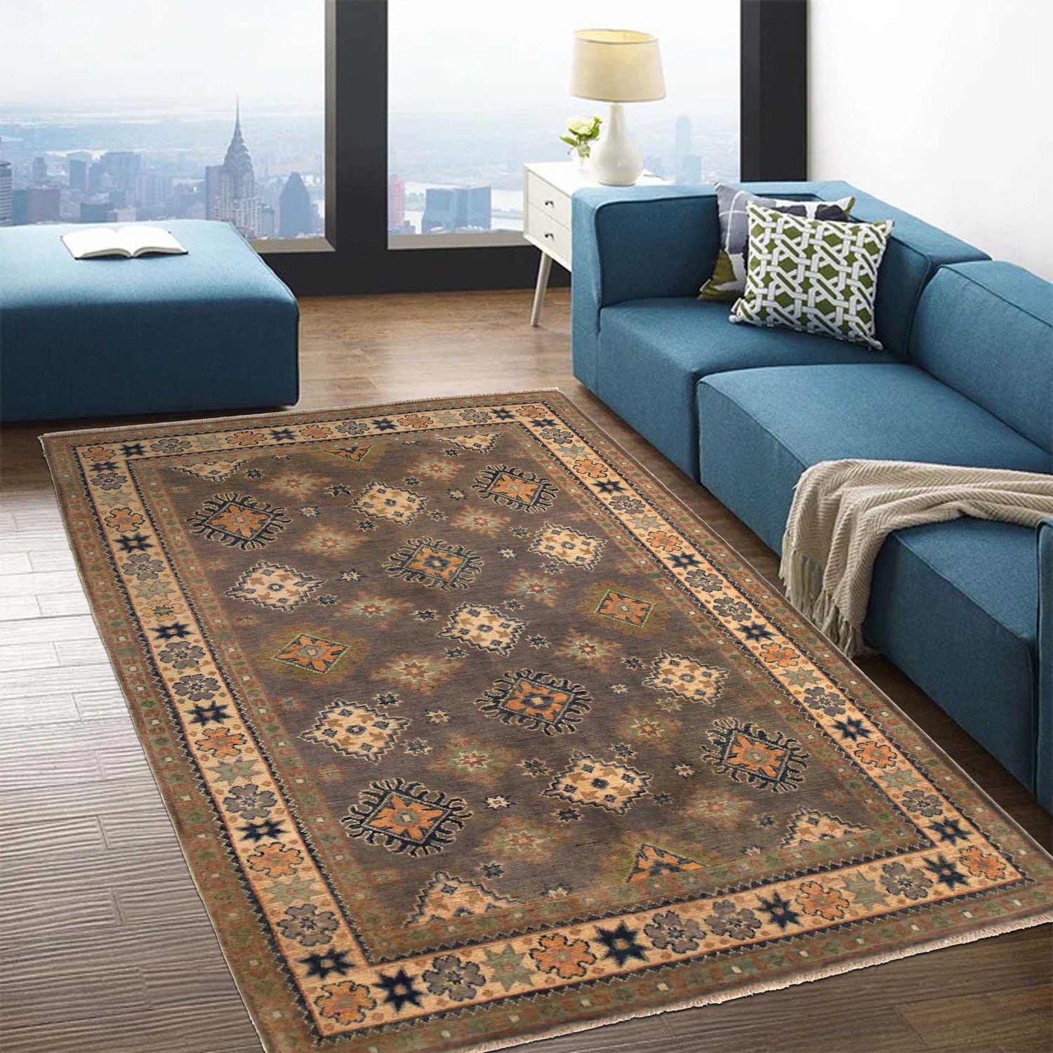 Kazak Rug Handmade Gray Medallion 4x6 ft