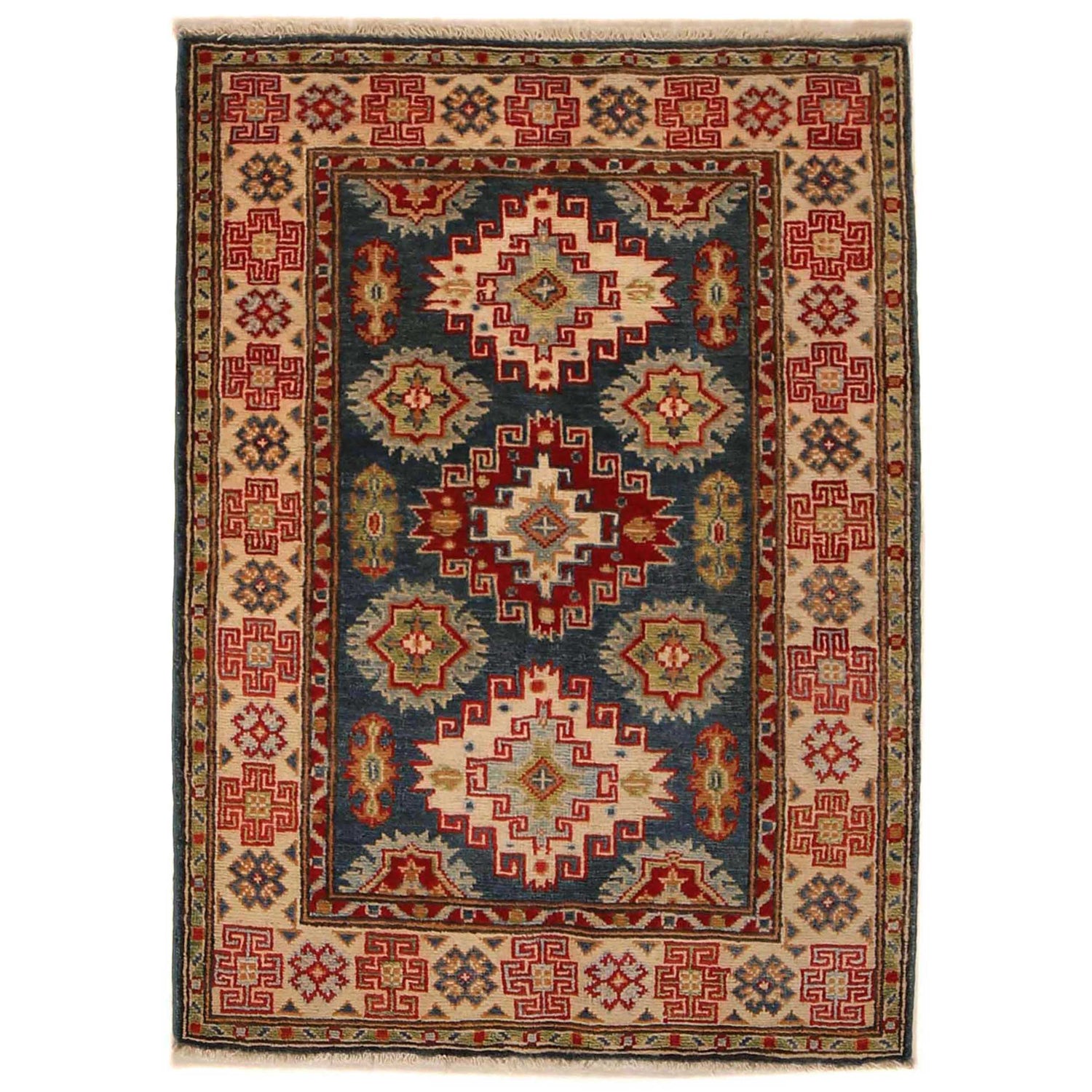 Kazak Rug Handmade Blue Medallion 2x4 ft