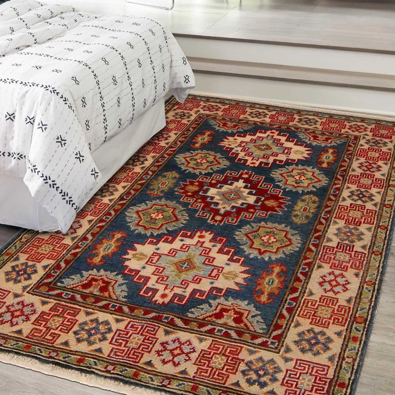 Kazak Rug Handmade Blue Medallion 2x4 ft