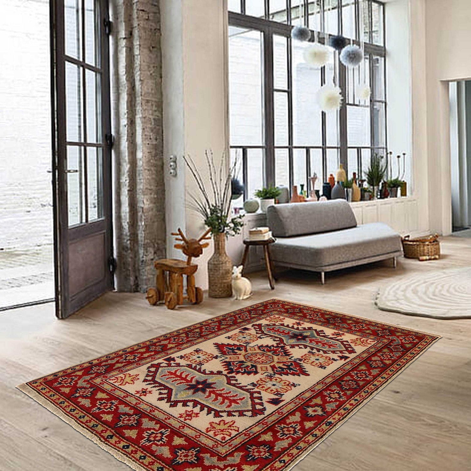 Kazak Rug Handmade Beige Medallion 2x4 ft