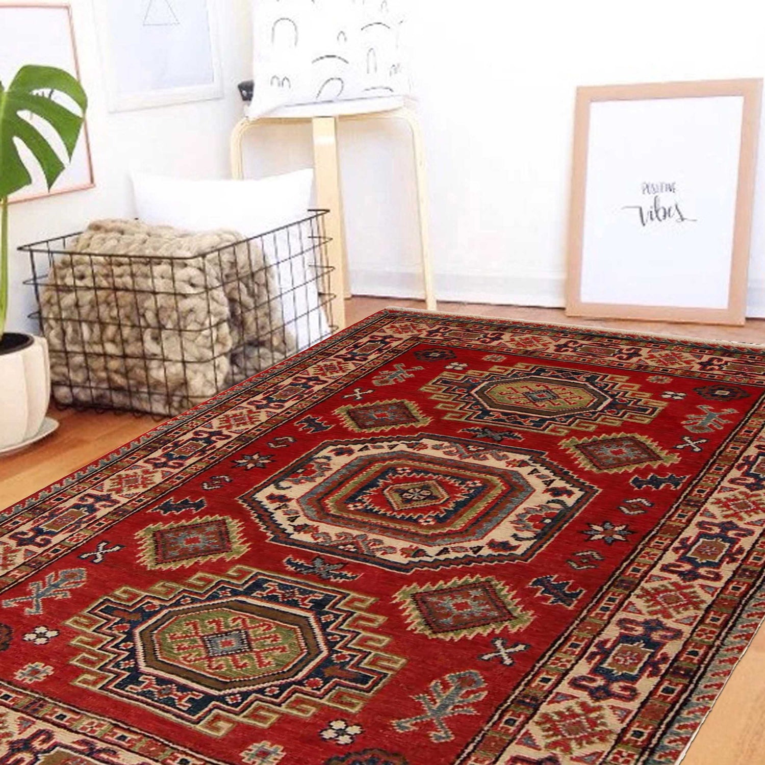 Kazak Rug Handmade Red Medallion 3x5 ft