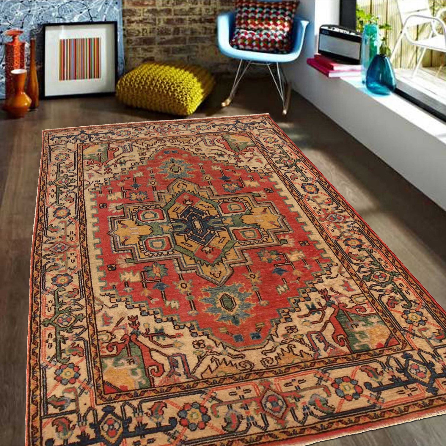 Heriz Area Rug Handmade Multi Medallion 4x6 ft