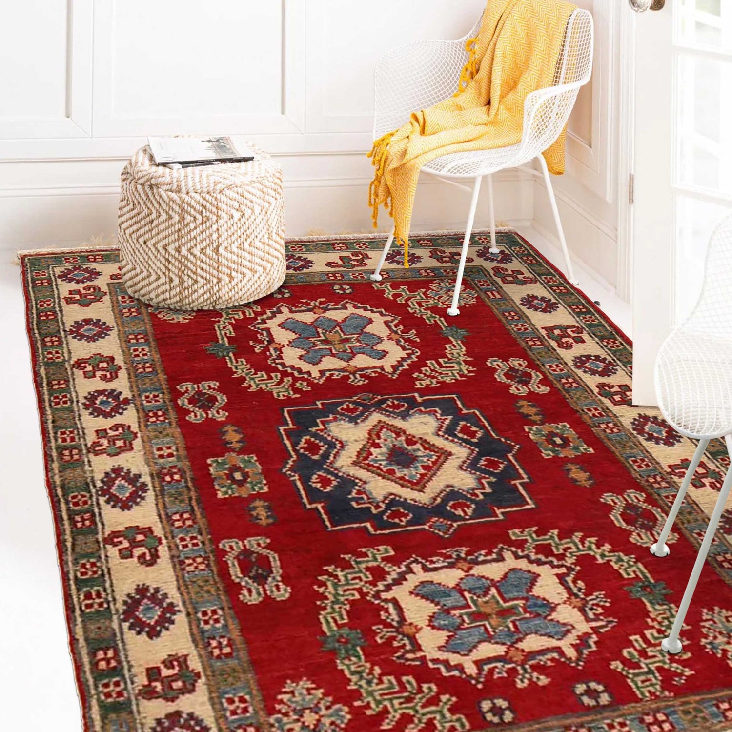Kazak Rug Handmade Red Medallion 2x4 ft