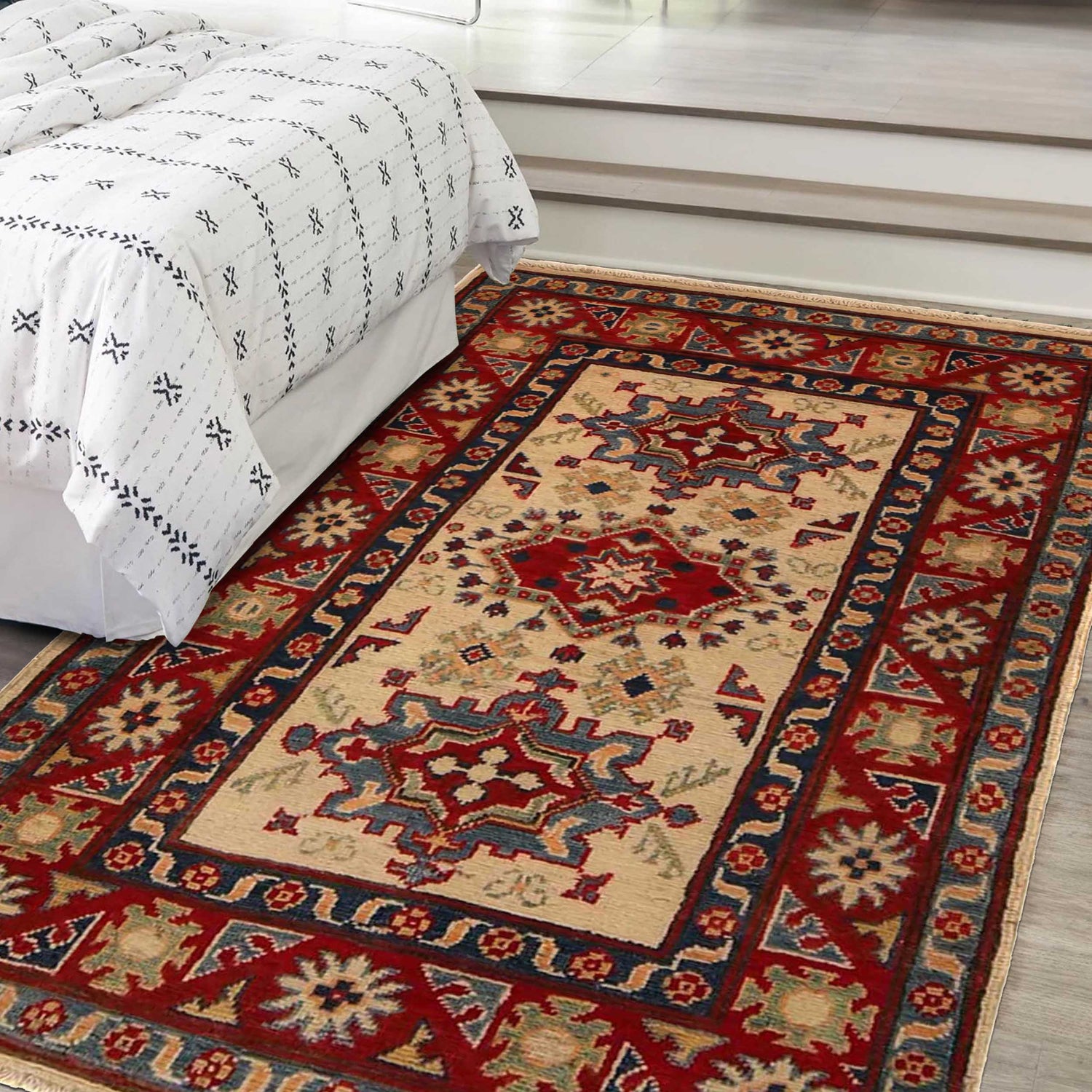Kazak Rug Handmade Beige Medallion 2x4 ft