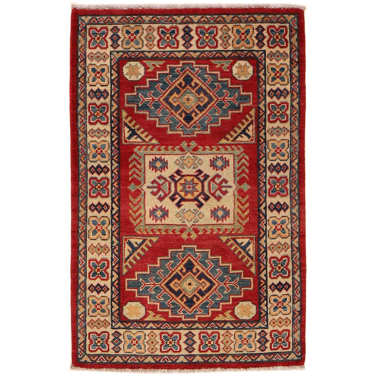 Kazak Rug Handmade Red Medallion 2x4 ft
