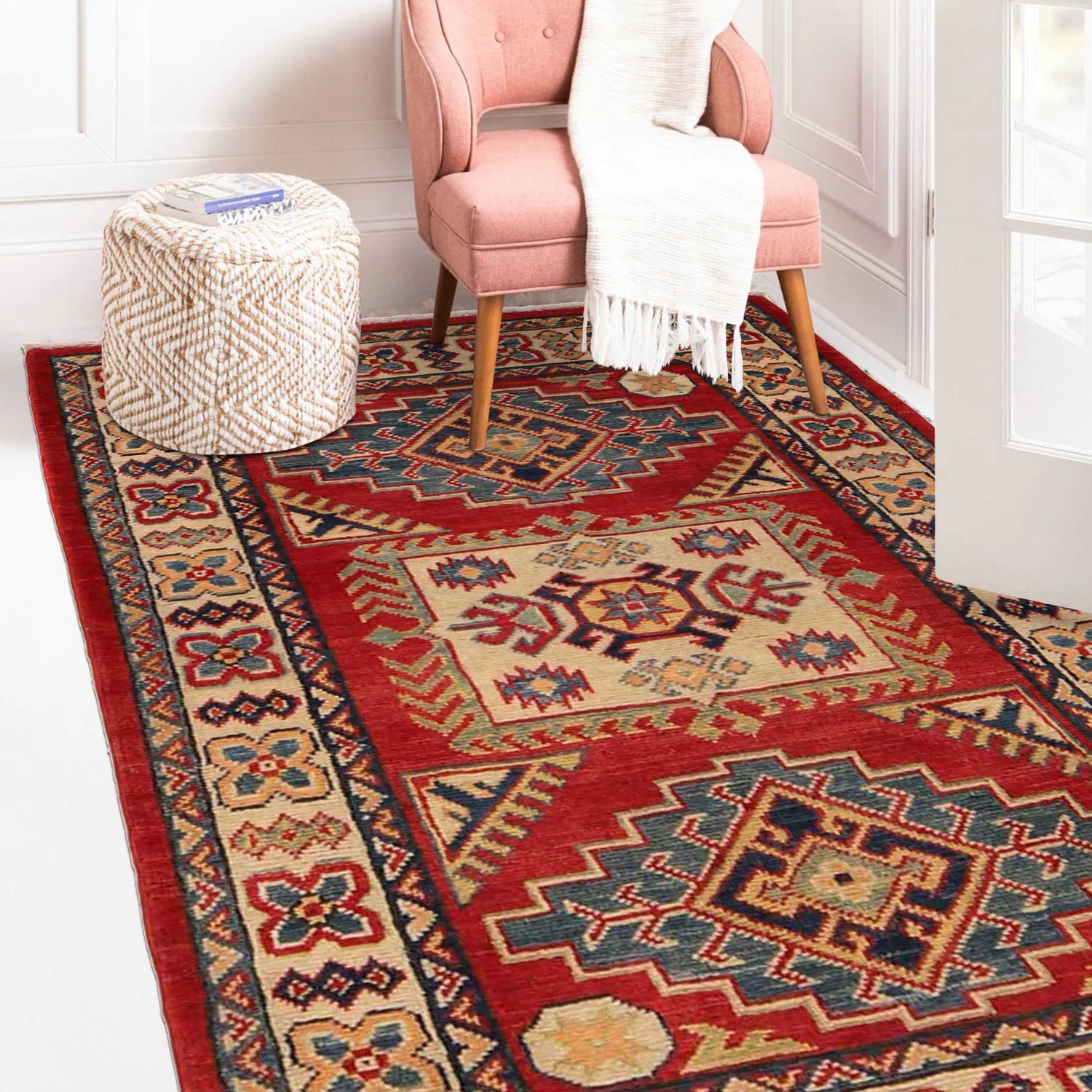 Kazak Rug Handmade Red Medallion 2x4 ft