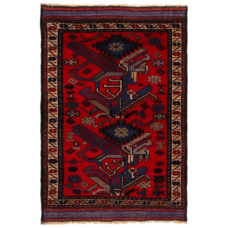 Baluchi Rug Handmade Red Geometric 3x5 ft