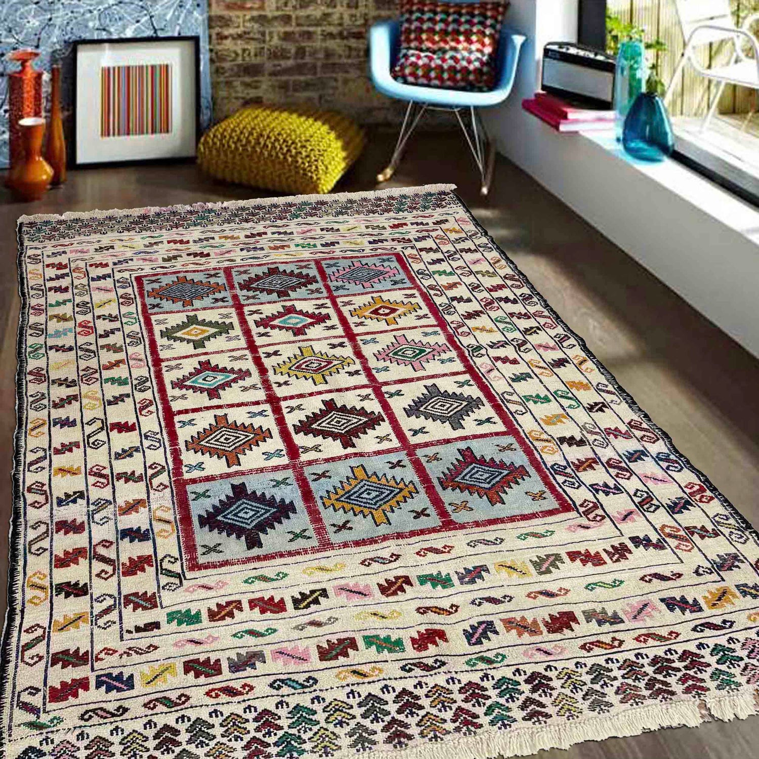 Soumak Kilim Area Rug Handmade Multi Pictorial 4x6 ft