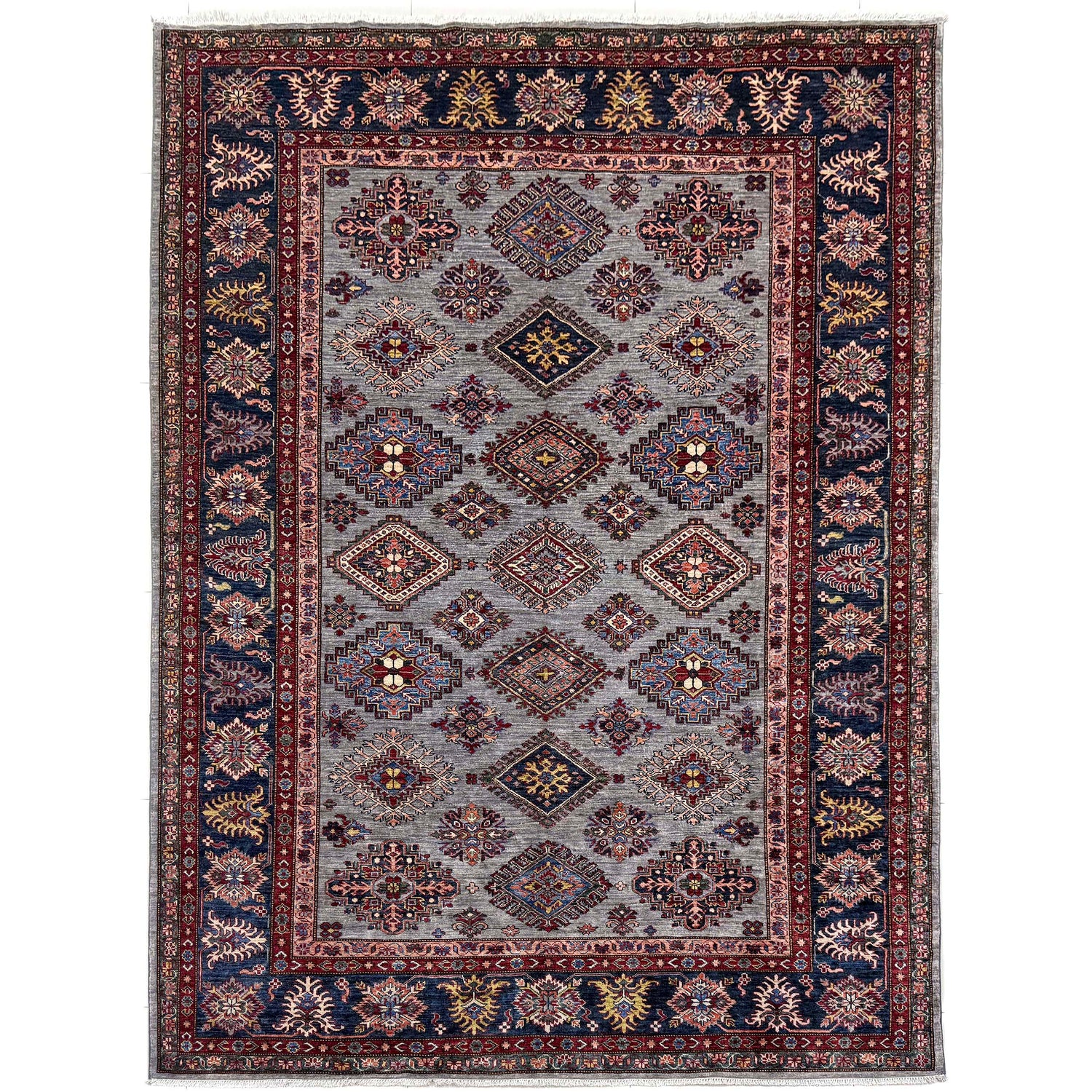 Kazak Rug Handmade Gray Medallion 7x10 ft