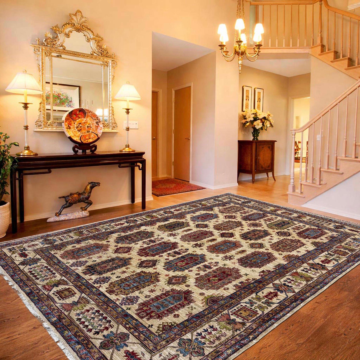 Waziri Area Rug Handmade Beige Medallion 7x10 ft