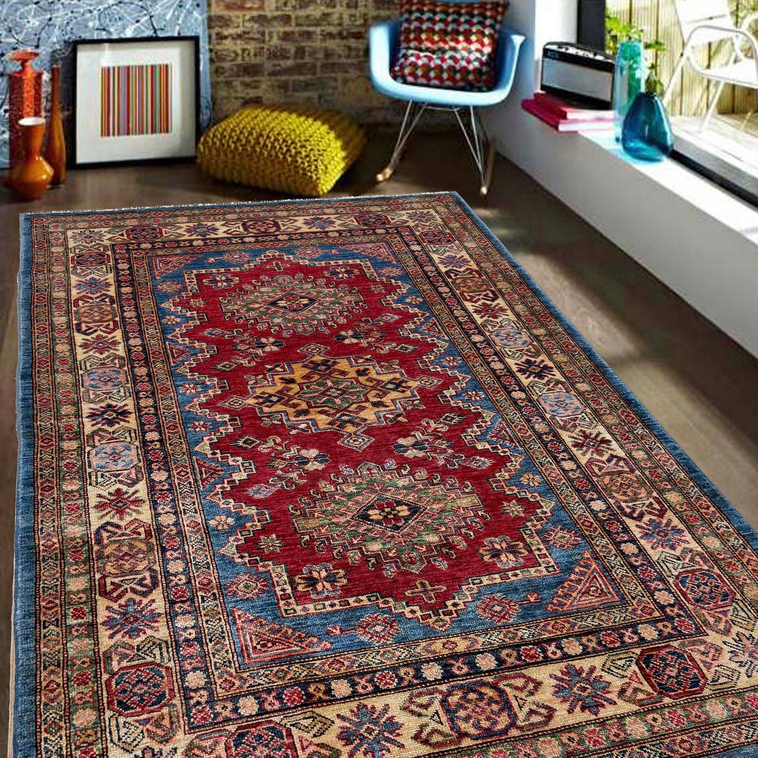Kazak Rug Handmade Red Medallion 4x6 ft