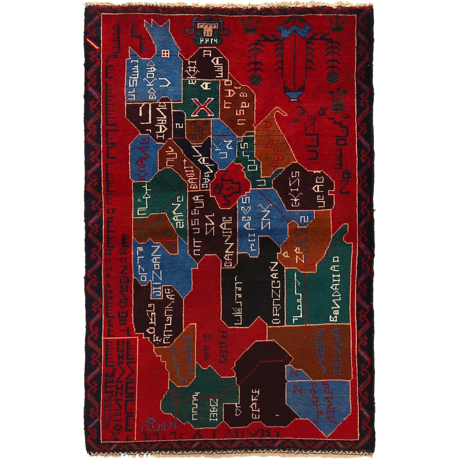 Pictorial Rug Handmade Red Design