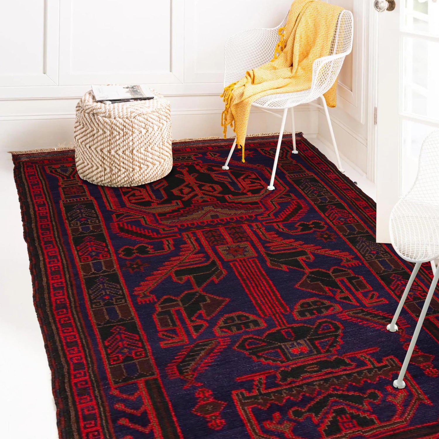 Baluchi Rug Handmade Navy Blue Geometric 3x5 ft