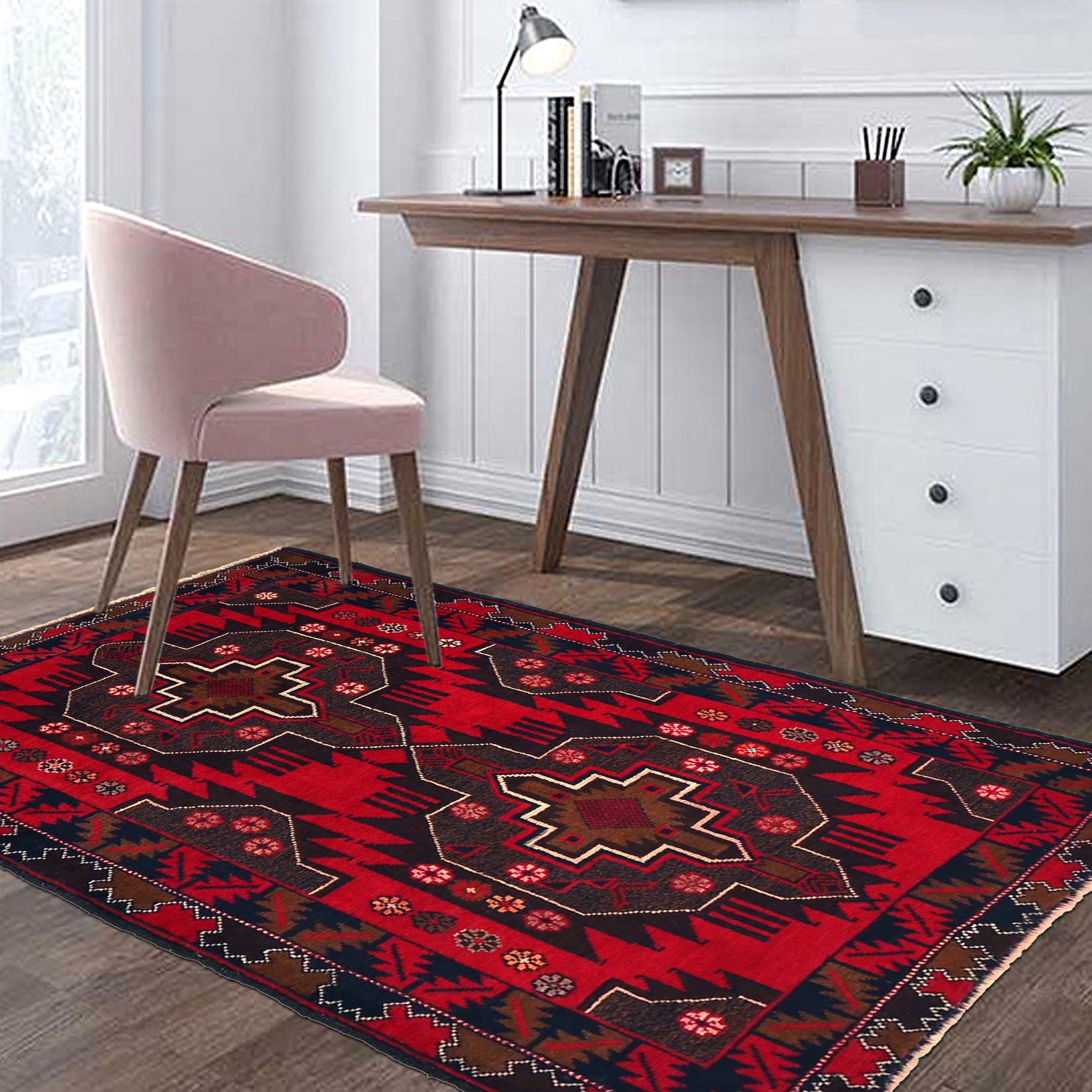 Baluchi Rug Handmade Red Geometric 3x5 ft